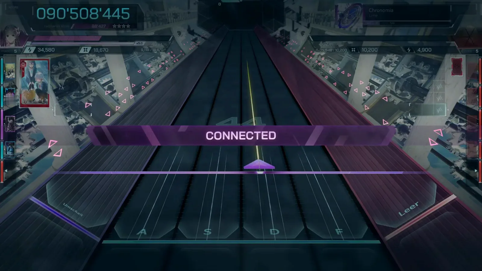 CONNECTED over the empty lanes In Falsus CONNECTED banner riding the emptied Chronomia ULT 10 highway with the frozen HUD repeating 090'508'445 over ENCOUNTER SCORE 88'427