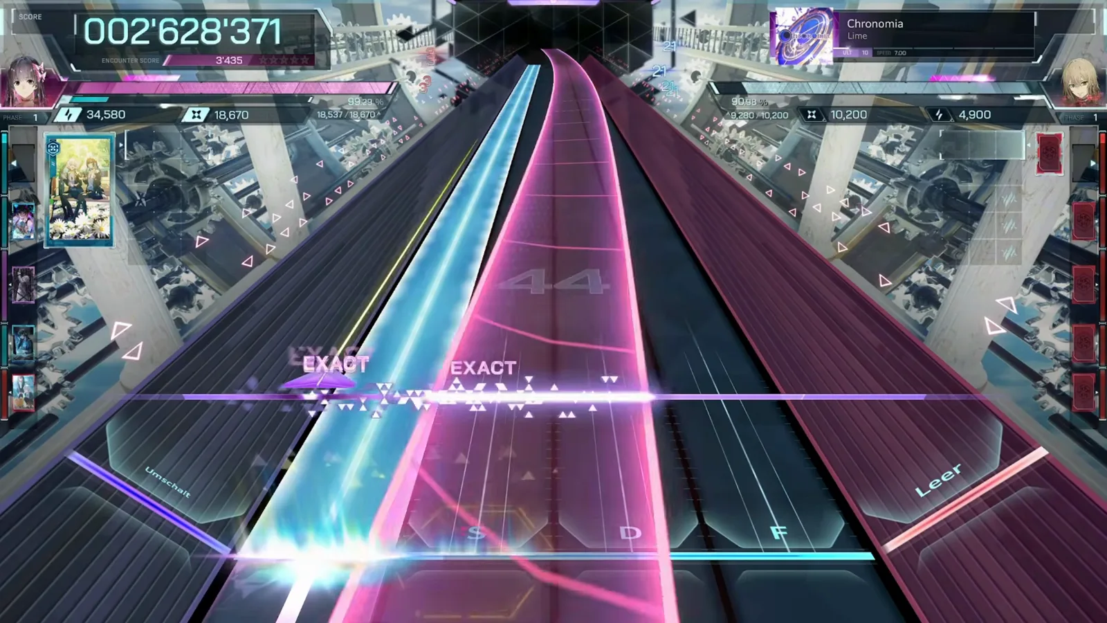 First beams, first EXACTs In Falsus Chronomia ULT 10 early chart with cyan and pink dual beams judged EXACT twice on the judgement line at 002'628'371