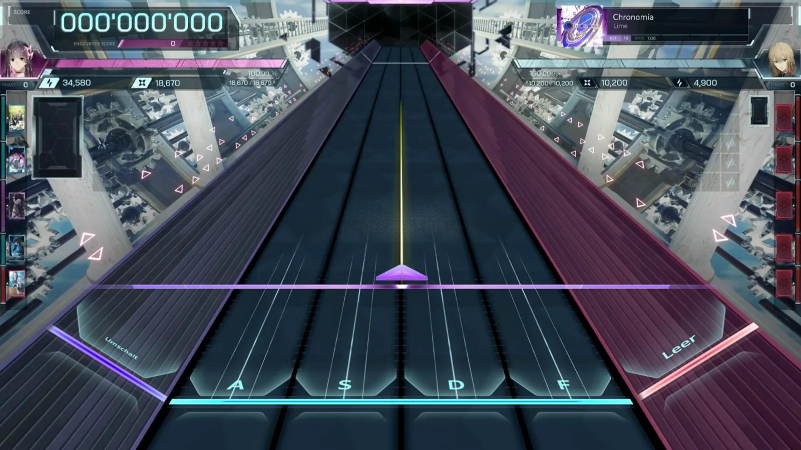 The empty highway at zero In Falsus Chronomia ULT 10 opening highway with the first gold note trail descending toward lanes labelled Umschalt, A, S, D, F and Leer