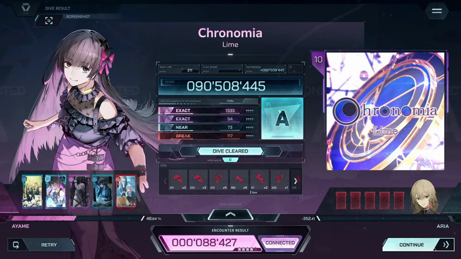 The settled result card In Falsus Chronomia ULT 10 result card with EXACT 1333 + 94, NEAR 73, BREAK 117, rank A, MAX LINK 211 and a CONNECTED encounter chip at 000'088'427