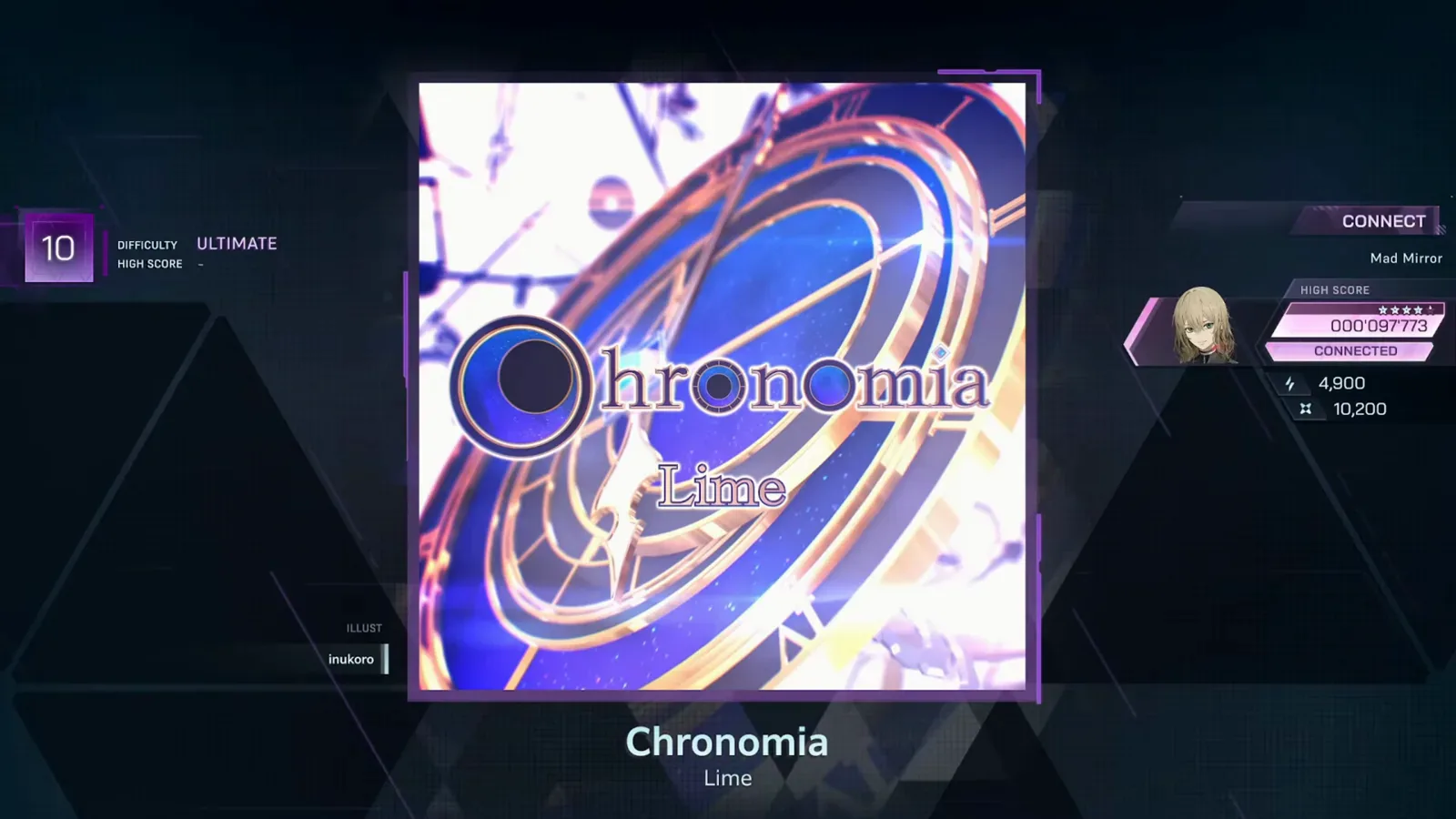 Chronomia detail screen — ULTIMATE 10 In Falsus Chronomia song detail screen showing DIFFICULTY ULTIMATE 10, a HIGH SCORE dash, the ILLUST inukoro credit and the CONNECT Mad Mirror panel at 000'097'773