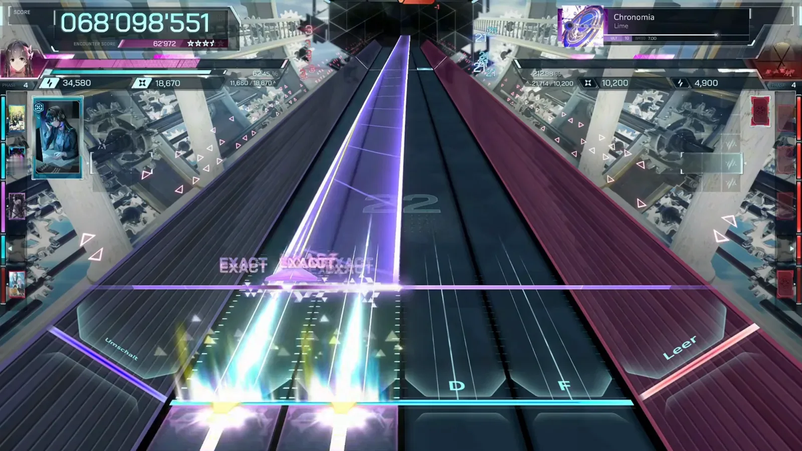 Full-width beam over the hexagons In Falsus Chronomia ULT 10 full-width violet beam riding the judgement line over gold hexagon field cells with EXACT tags posting at 068'098'551