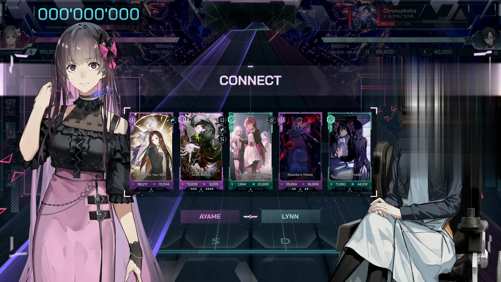 CONNECT splash opening the Chronophobia FBD 14 encounter: AYAME and LYNN art facing five crew cards, gauges 100.00%