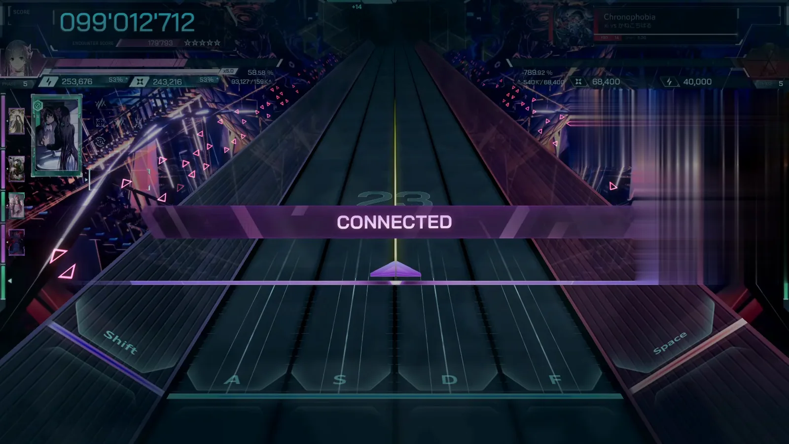 CONNECTED banner closing the encounter at 099'012'712, rail 179'793 with five stars — In Falsus Chronophobia FBD 14