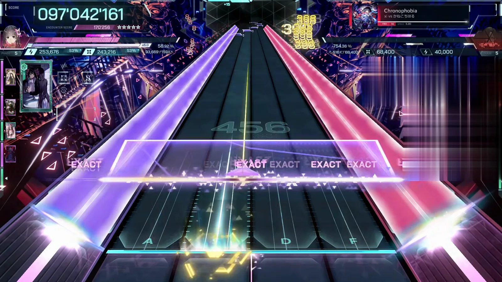 Violet and red beams crossing over five EXACTs at 097'042'161, counter 456, rail 170'256 — Chronophobia FBD 14