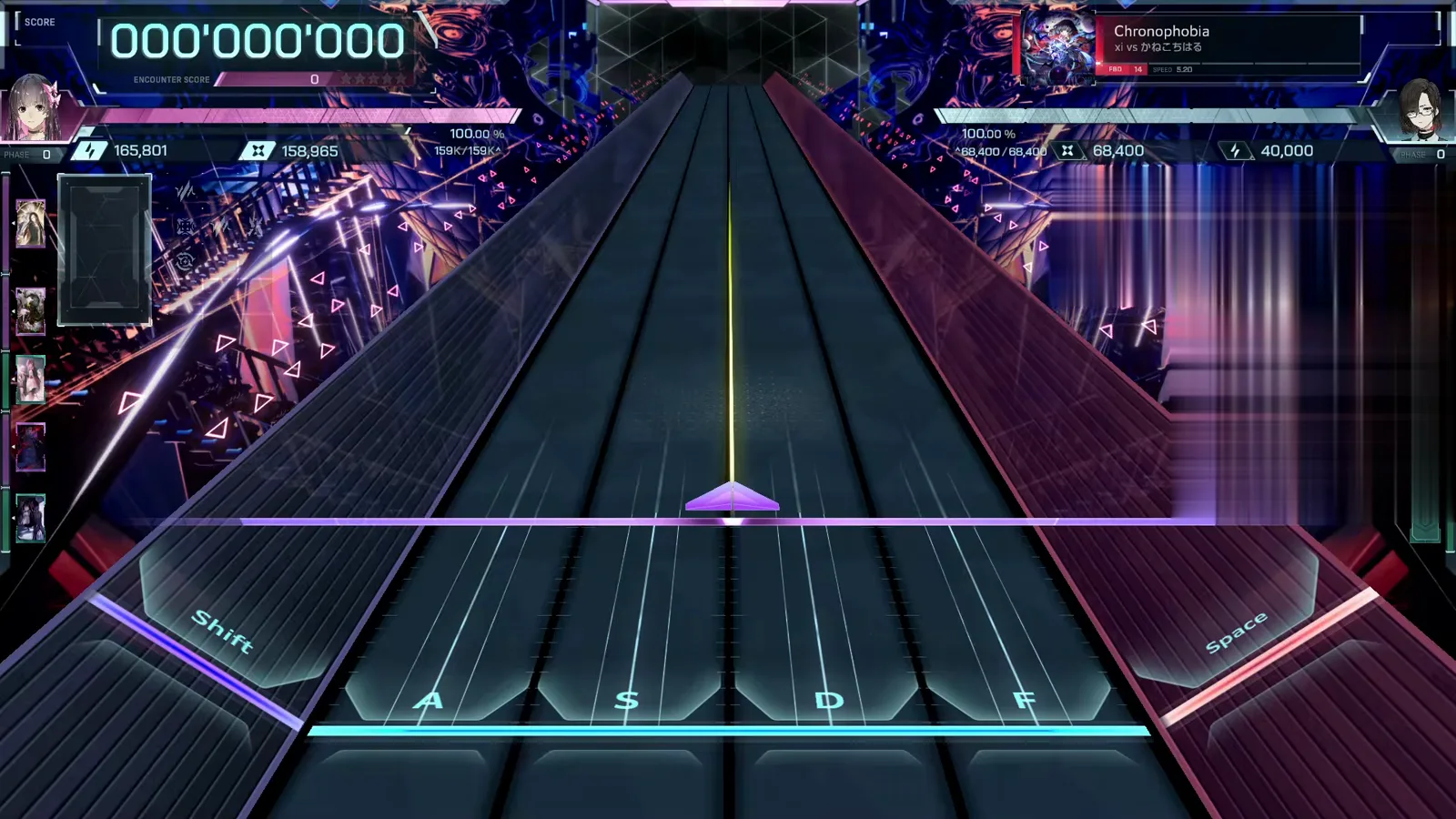 Empty In Falsus highway before Chronophobia FBD 14: red FBD 14 chip beside SPEED 5.20, Shift A S D F Space keys staged