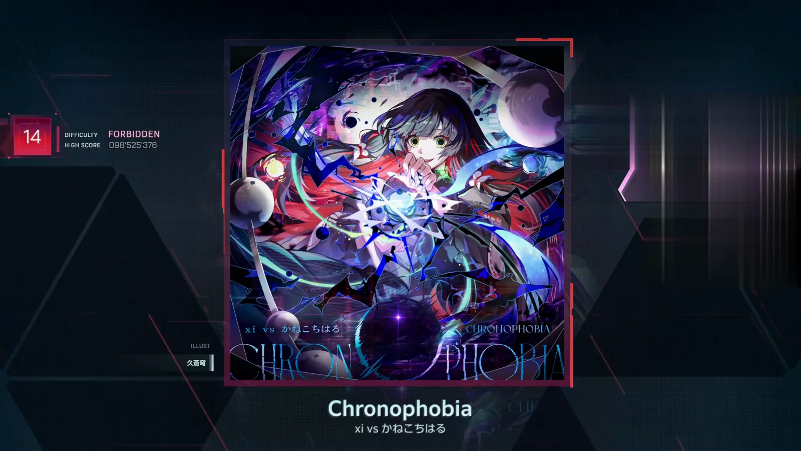 Chronophobia FBD 14 song card, In Falsus: DIFFICULTY FORBIDDEN, HIGH SCORE 098'525'376, xi vs Kaneko Chiharu jacket