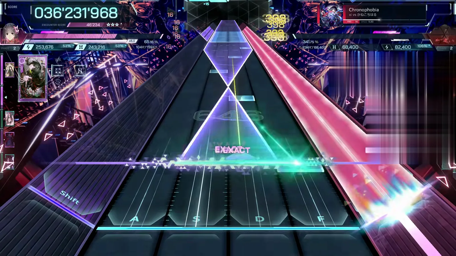 EXACT pair at the waist of the violet hourglass pyramid at 036'231'968, red beam right — Chronophobia FBD 14