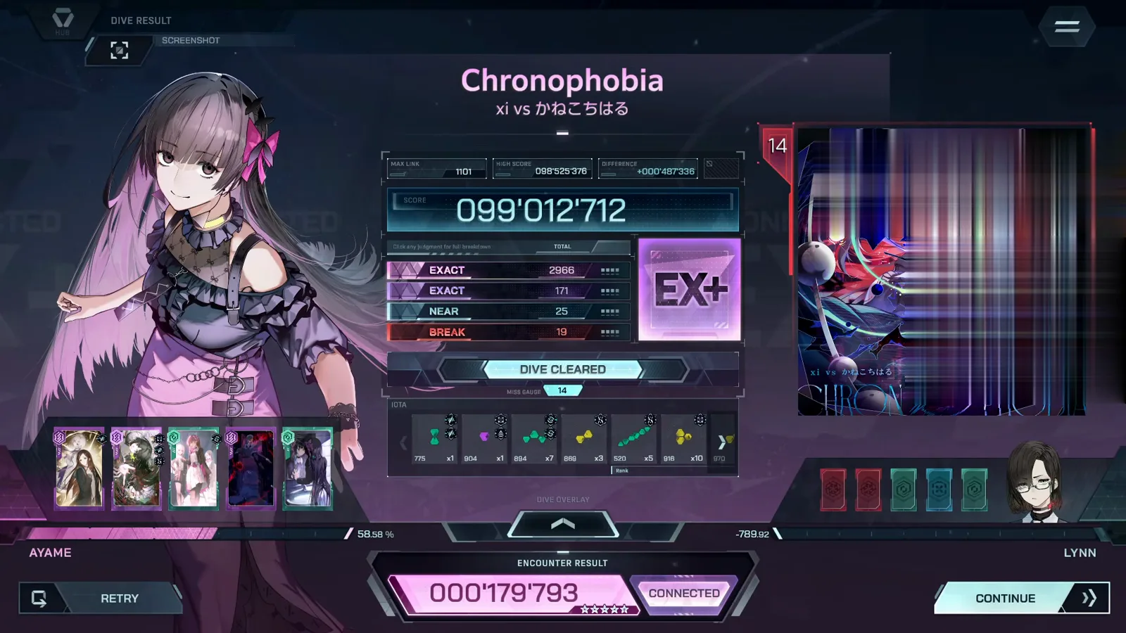 Chronophobia FBD 14 DIVE RESULT card: EX+ 099'012'712, EXACT 2966 + 171, NEAR 25, BREAK 19, MAX LINK 1101
