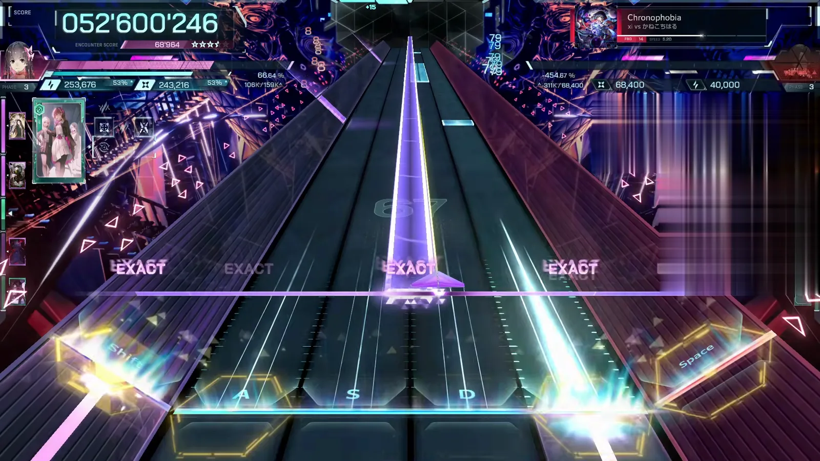 Tall violet beam on the centre lane, EXACT at its base at 052'600'246, counter 87 — In Falsus Chronophobia FBD 14