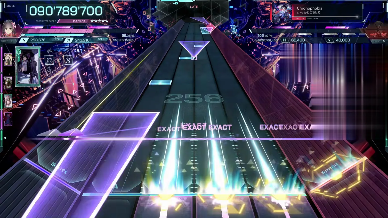 Violet pane on the left lanes under an EXACT row and LATE flag at 090'789'700, counter 256 — Chronophobia FBD 14