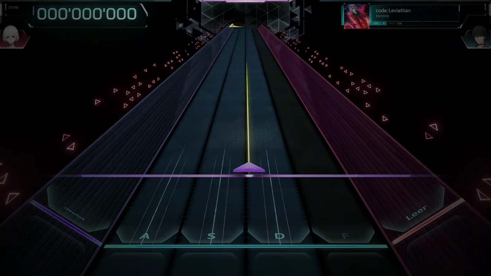 Dive open · zeroed counter The dive opens in In Falsus at 000'000'000 with the in-play panel pinned to EVO 8, SPEED 7.00.