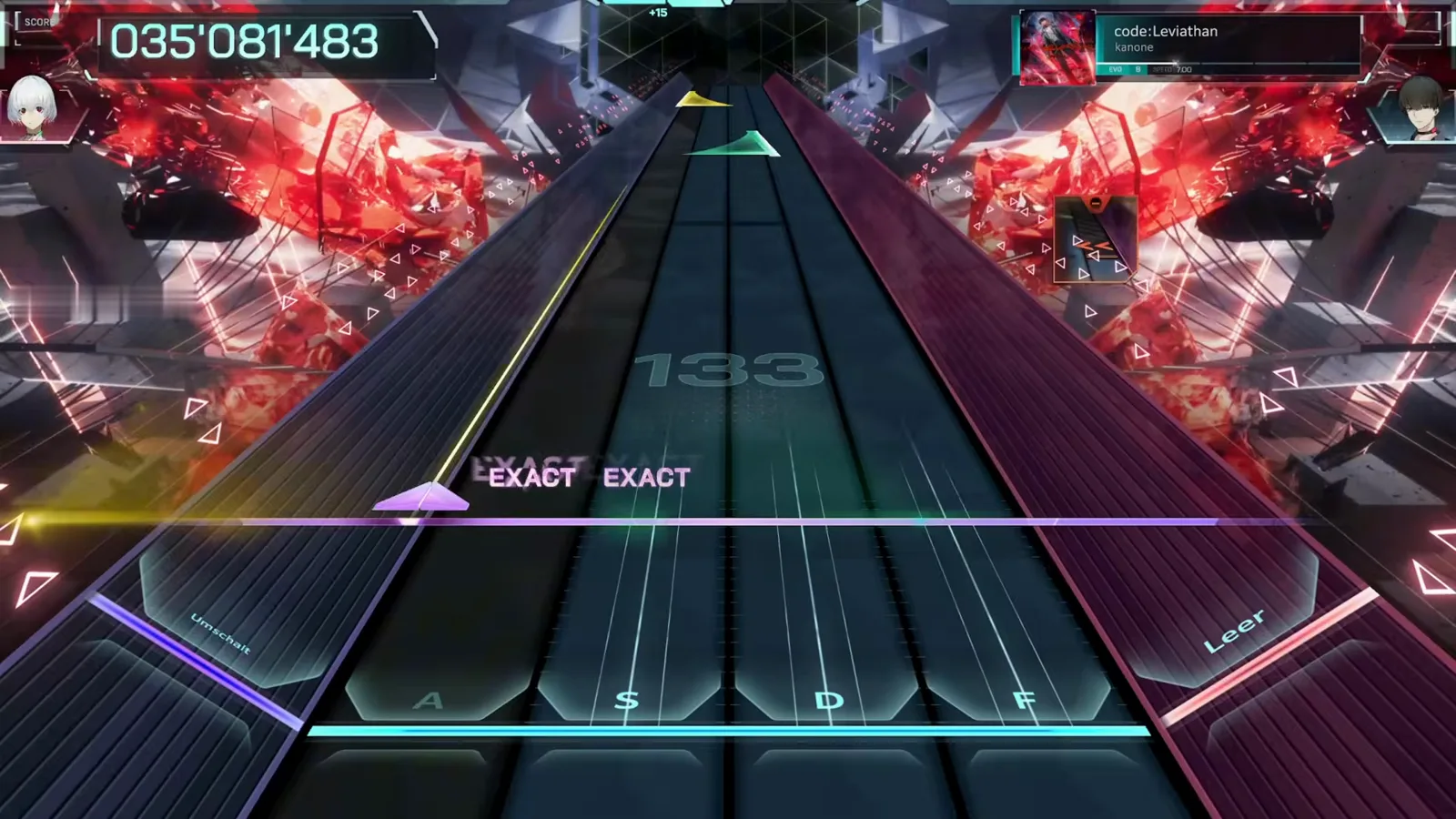 Flick over streams Mid-song in In Falsus, a yellow flick arrow drops over the falling streams as the counter passes 035'081'483.
