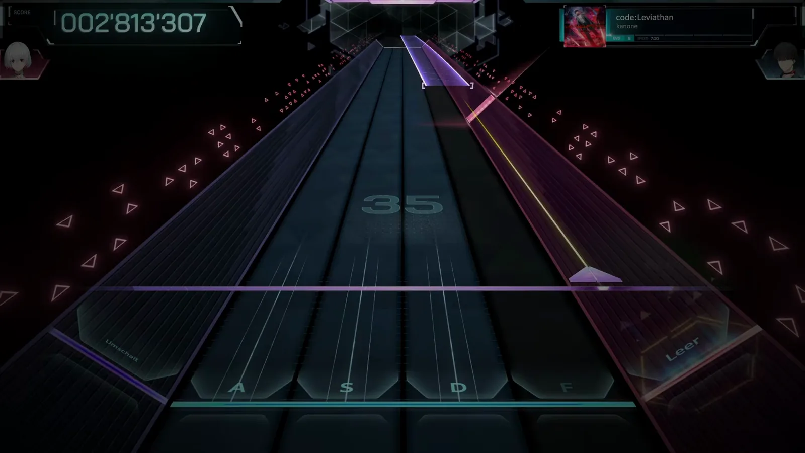 Opening run · combo 35 A purple beam walks the lane in In Falsus as the combo counter reads 35.