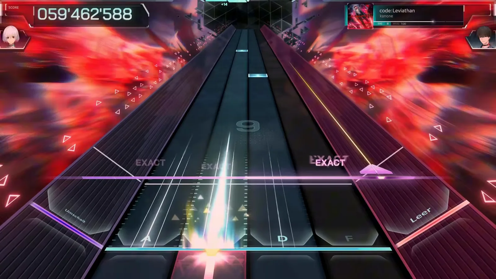 Triple EXACT burst Three EXACT tags land across the lanes in In Falsus as a white burst fires at the line.