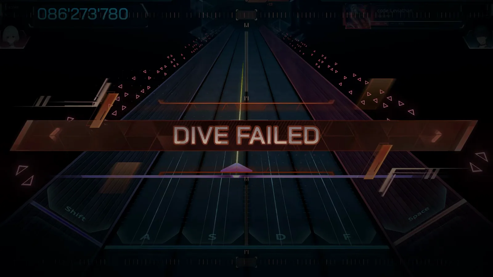 DIVE FAILED 배너가 인 폴서스 code:Leviathan의 어두워진 항로 위에 내려앉고, 러닝 점수는 086'273'780에서 얼어 붙는다