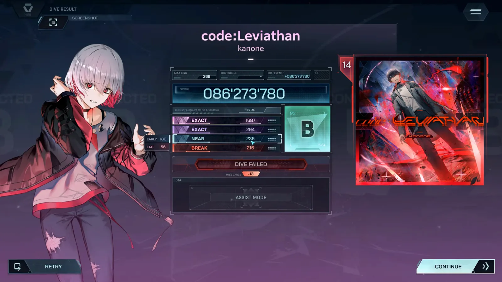 인 폴서스 code:Leviathan의 결과 화면이 도전을 랭크 B·086'273'780으로 매기고, EXACT 1,687 + 294, NEAR 236, BREAK 216, MISS GAUGE -13을 나열한다