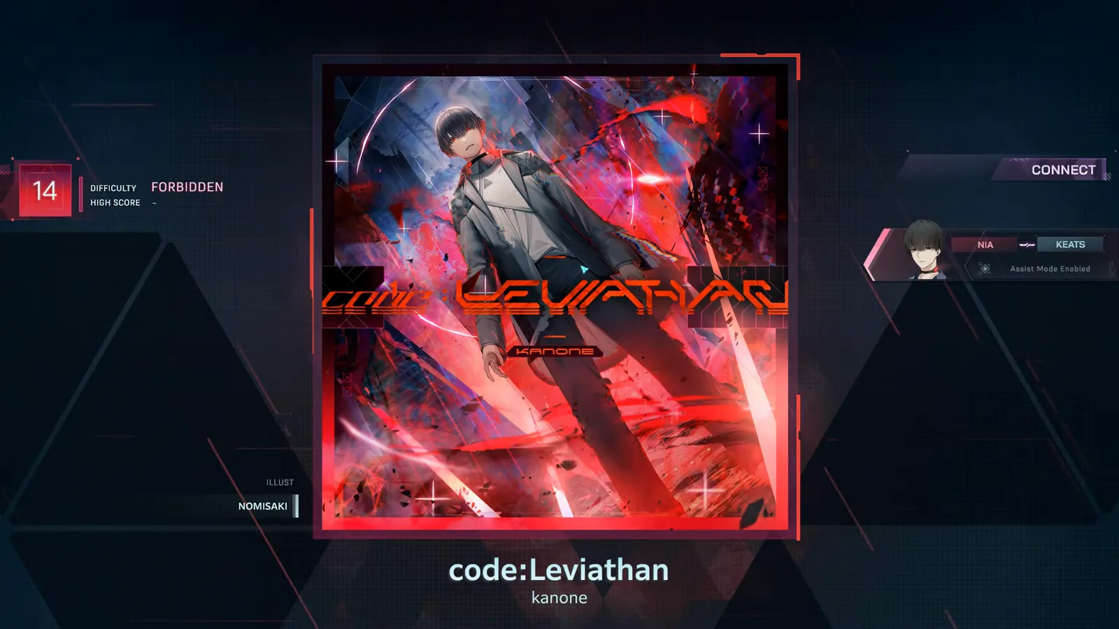 인 폴서스 속 code:Leviathan의 정보 화면에는 붉은 14 DIFFICULTY FORBIDDEN 배지가 찍히고, CONNECT 진행은 NIA에서 KEATS로, 곁에 HIGH SCORE 패널이 붙는다