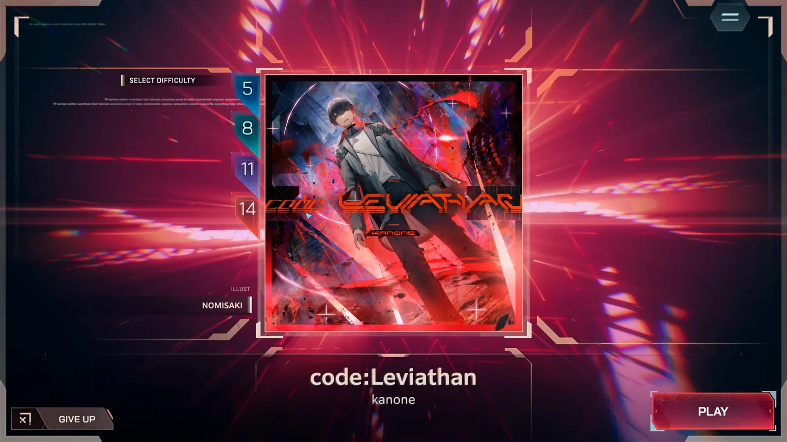 인 폴서스 곡 선택 화면에 kanone의 code:Leviathan이 떠 있고, SELECT DIFFICULTY 난이도 레일과 자켓이 PLAY 버튼 위에 놓여 있다