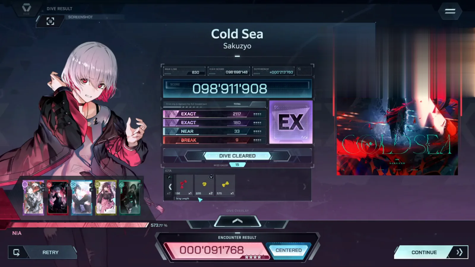 In Falsus Cold Sea FBD 13 previous-attempt result card: rank EX, 098'911'908 posted, MAX LINK 830 — the cold open