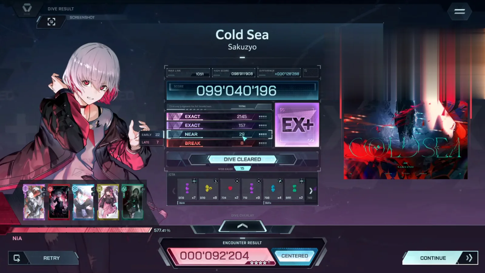 Cold Sea FBD 13 in In Falsus posts its DIVE RESULT: rank EX+, 099'040'196, MAX LINK 1051, NEAR 29, BREAK 8