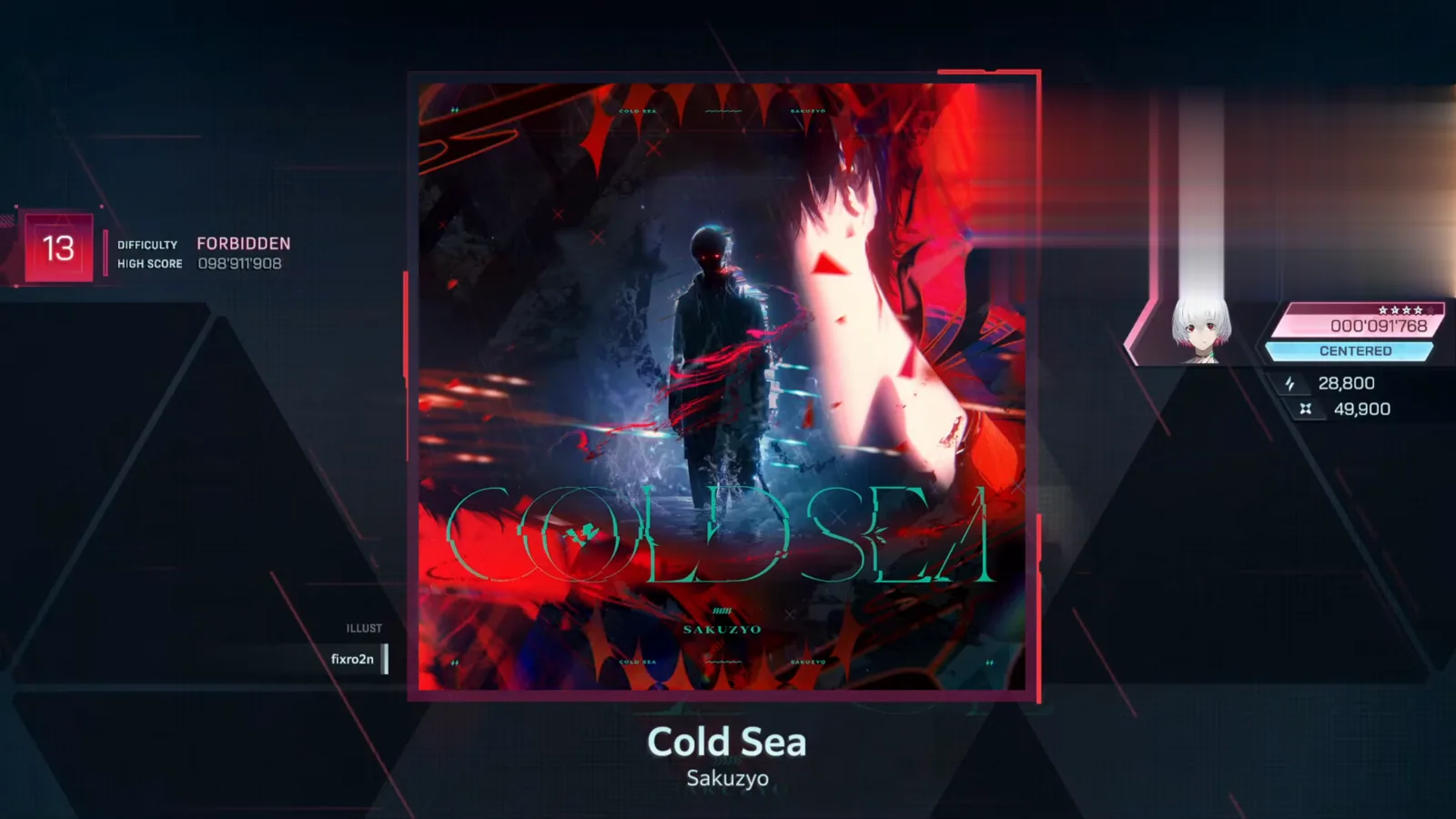 Cold Sea song detail in In Falsus: a red 13 beside DIFFICULTY FORBIDDEN, HIGH SCORE 098'911'908, ILLUST fixro2n