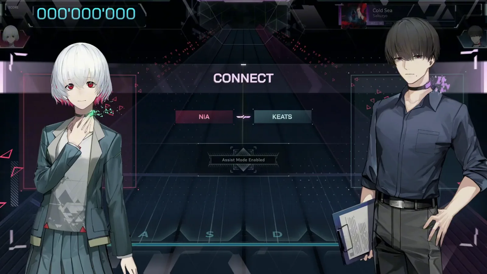 In Falsus Cold Sea CONNECT intro pairing NIA with KEATS over the empty ULT 10 highway with an Assist Mode Enabled tag under the pairing