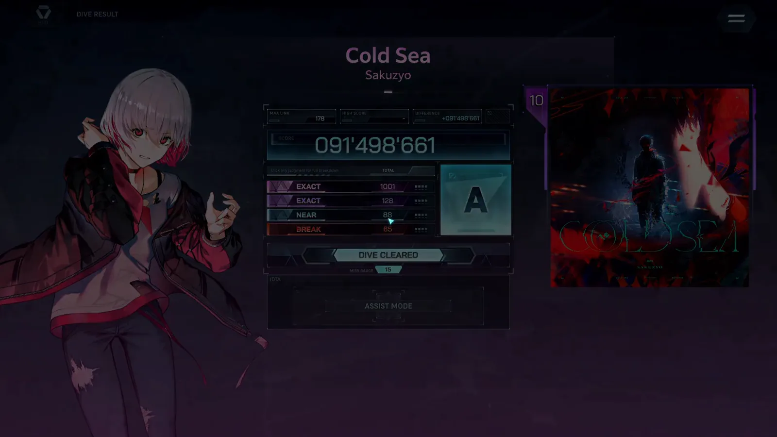 Cold Sea ULT 10 result screen in In Falsus showing 091'498'661 for rank A with EXACT 1001, EXACT 128, NEAR 88, BREAK 65, MAX LINK 178 and MISS GAUGE 15