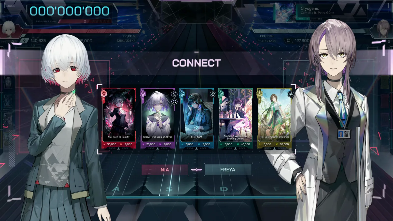 CONNECT lobby in In Falsus staging NIA against FREYA with a five-card deck for Cryogenic EVO 5