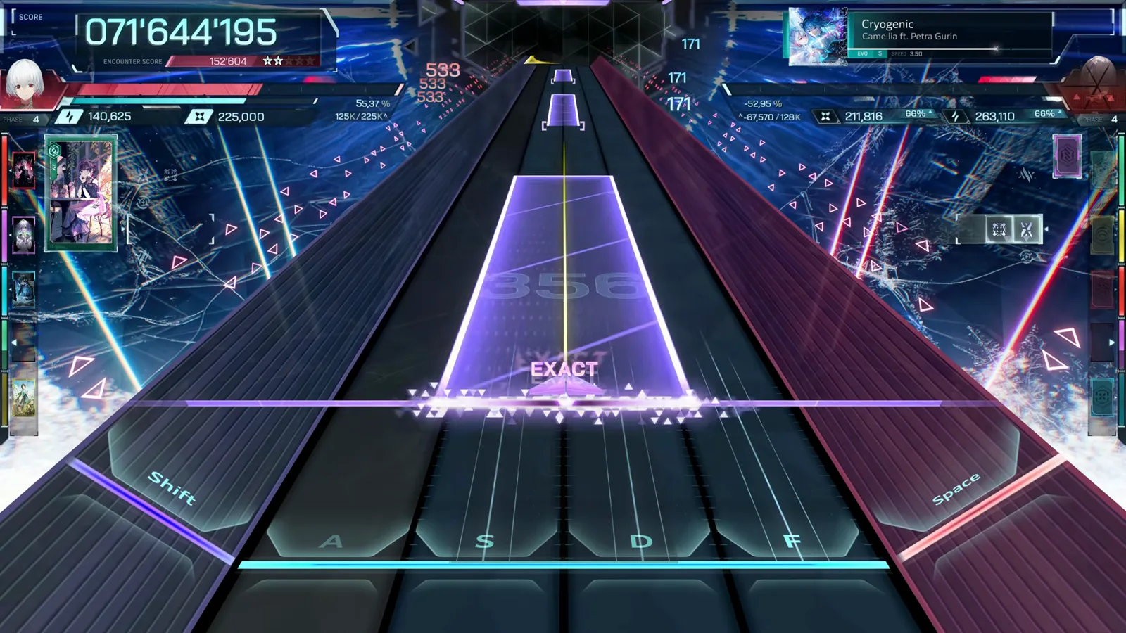 Widest wall of the run: a violet trapezoid over the full In Falsus highway on Cryogenic EVO 5