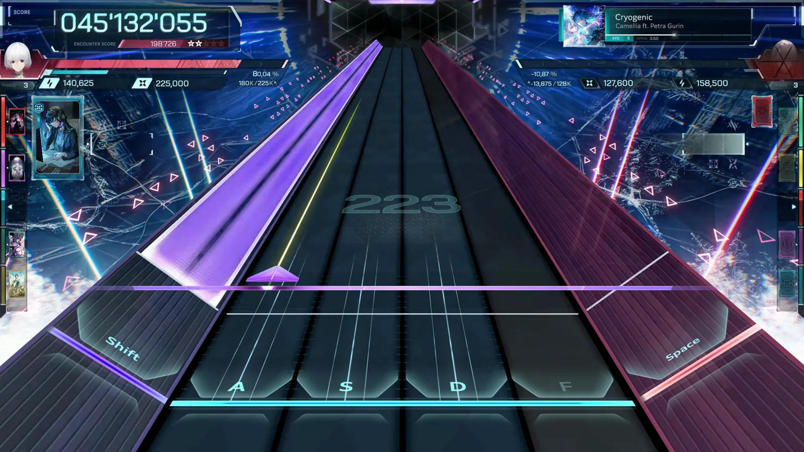 Red beams raking the left edge beneath a violet trapezoid wall in In Falsus Cryogenic EVO 5