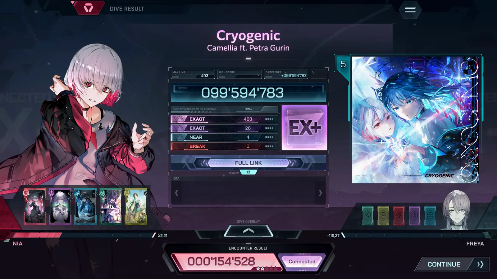 In Falsus DIVE RESULT card printing EX+ beside 099'594'783 with NEAR 4 and BREAK 0 on Cryogenic EVO 5