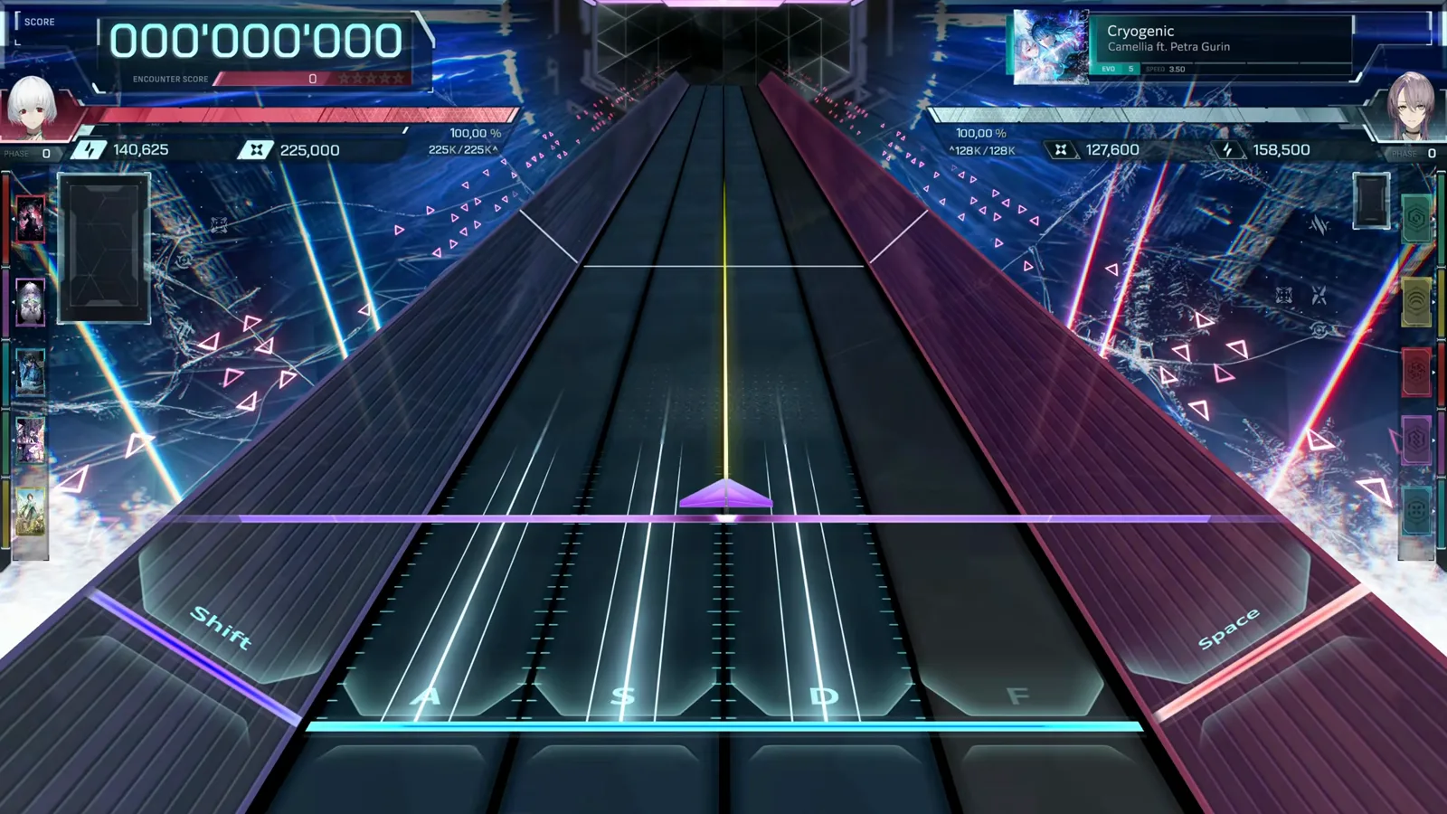 In Falsus Cryogenic EVO 5 highway staged at 000'000'000 with Shift, A, S, D, F and Space lane keys