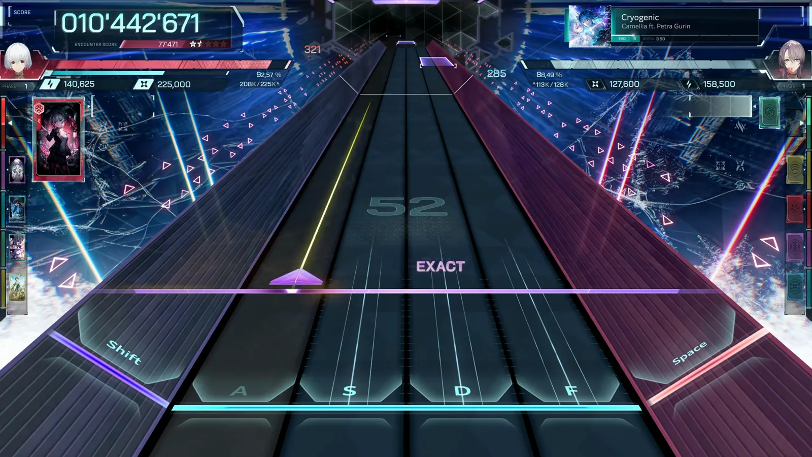 Yellow beam crossing the top-left lanes while an EXACT pair posts in In Falsus Cryogenic EVO 5