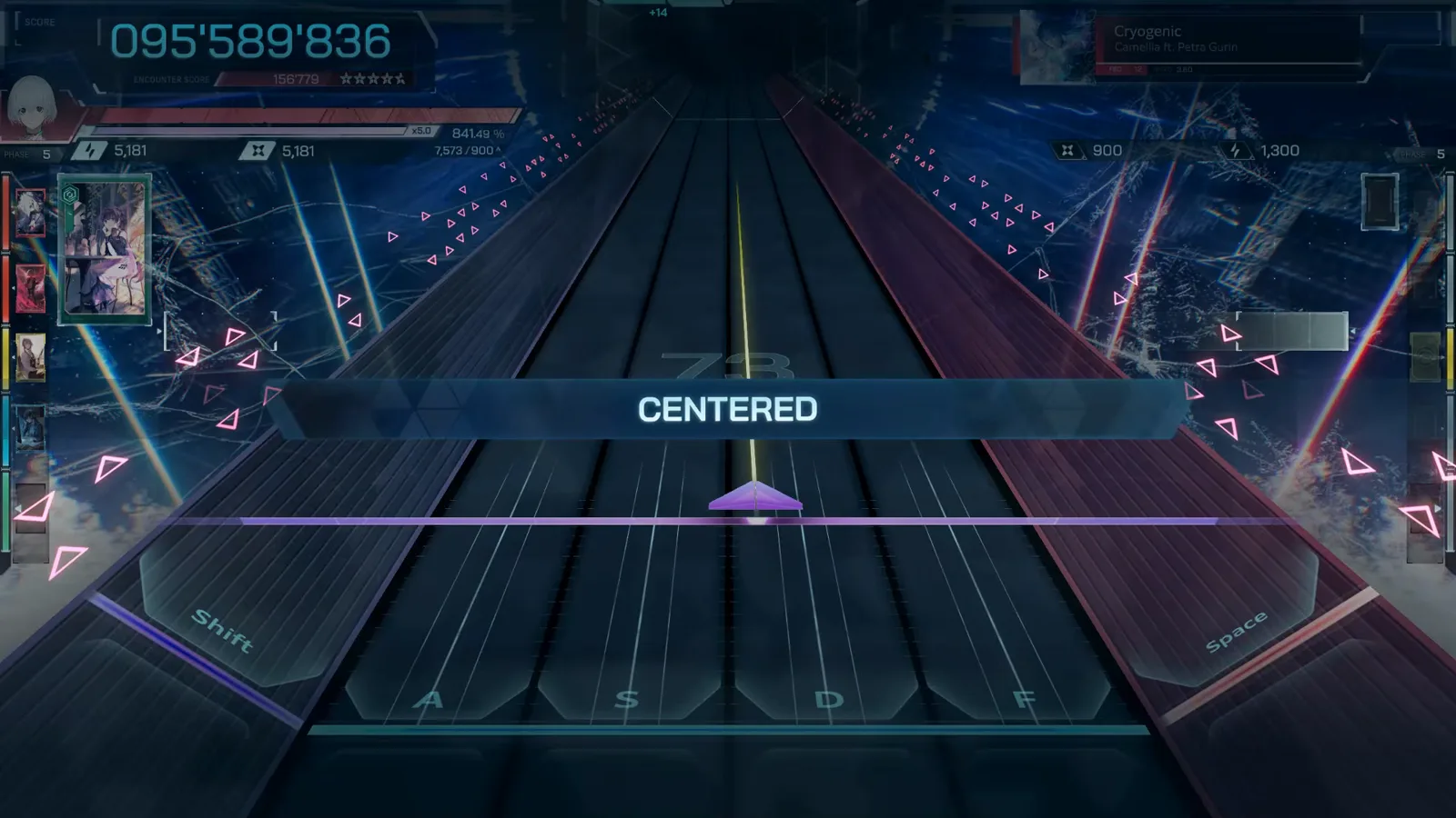 CENTERED at 095'589'836 CENTERED banner across the darkened highway, HUD 095'589'836, encounter rail at 156'779 — Cryogenic FBD 12