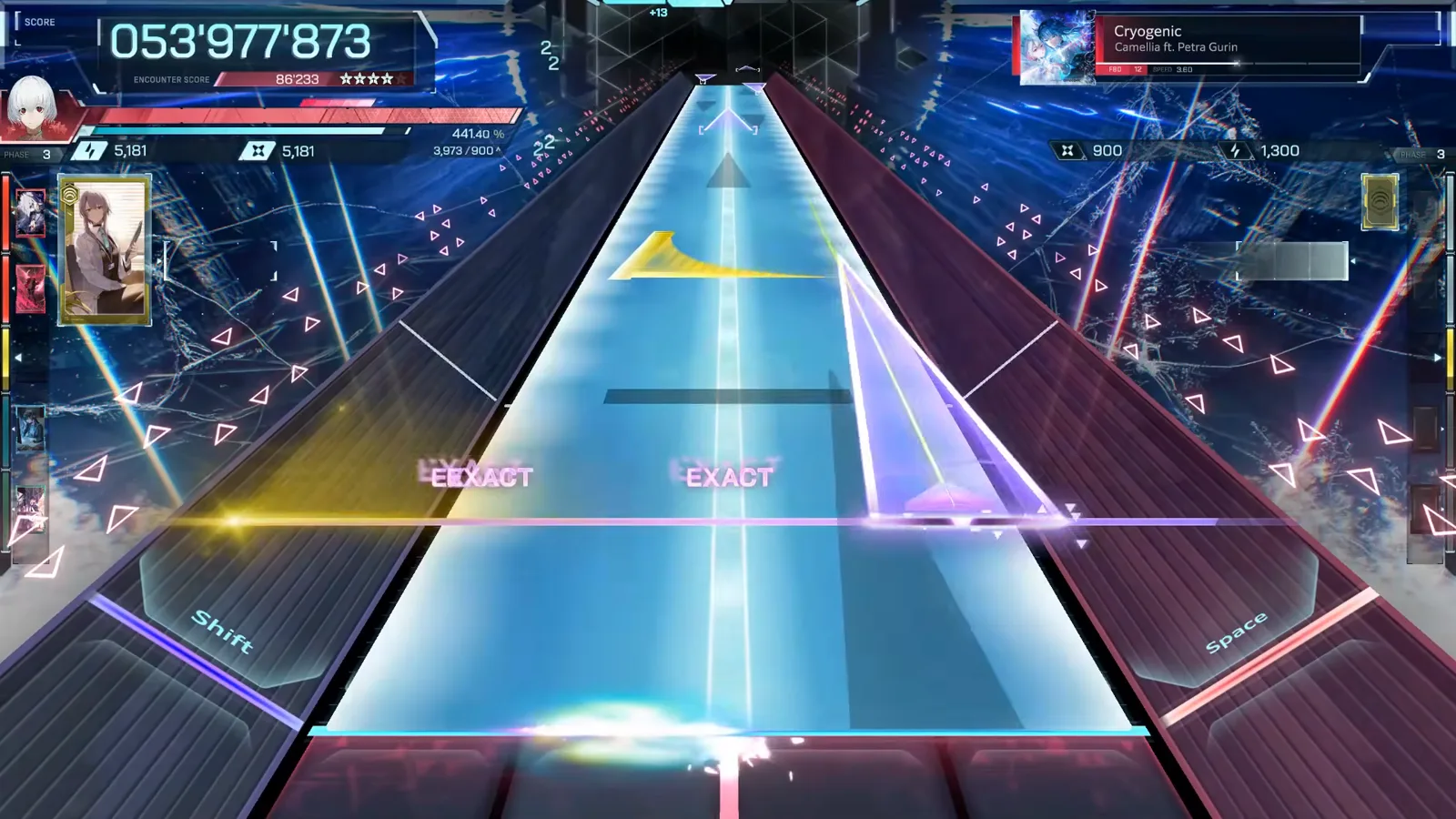 The cyan flood, PHASE 3 Cyan flood under a yellow wedge at 053'977'873, PHASE 3 on the rail — the mid-game wall of Cryogenic FBD 12
