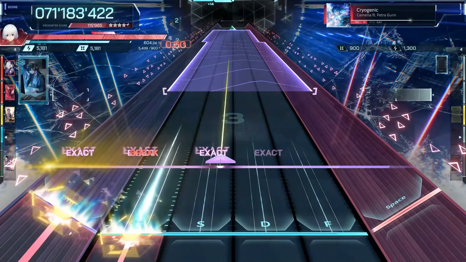 A second BREAK in the late game Late-game violet ribbon and red beam with a second BREAK at 071'183'422 — Cryogenic FBD 12 in In Falsus