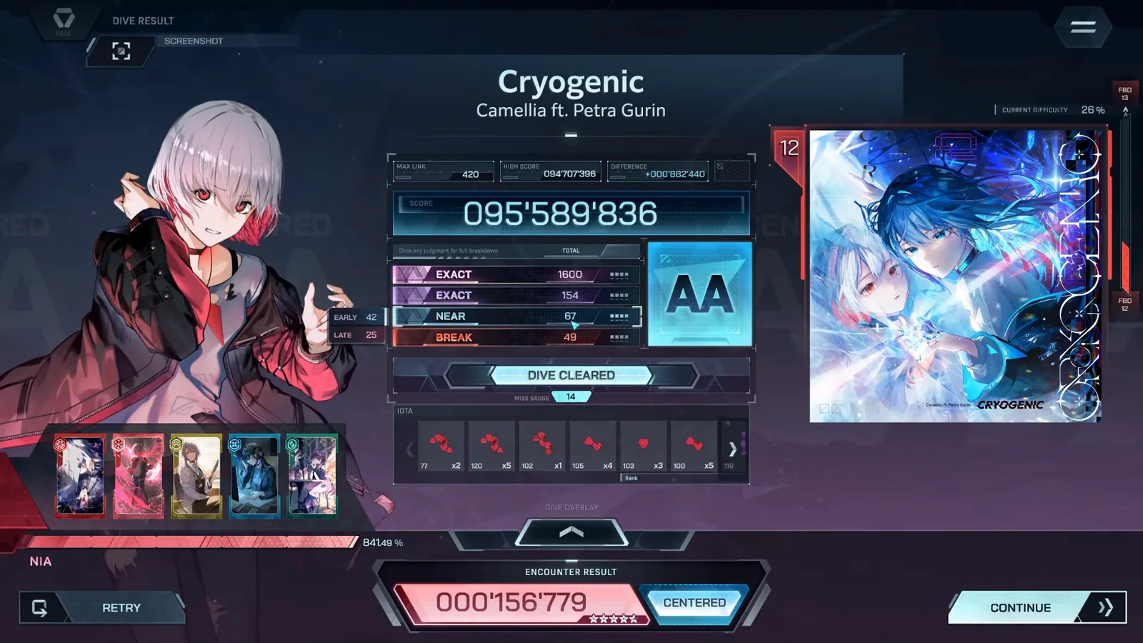 The card: AA at 095'589'836 DIVE RESULT card of Cryogenic FBD 12: AA badge at 095'589'836, EXACT 1600 + 154, NEAR 67, BREAK 49 in In Falsus