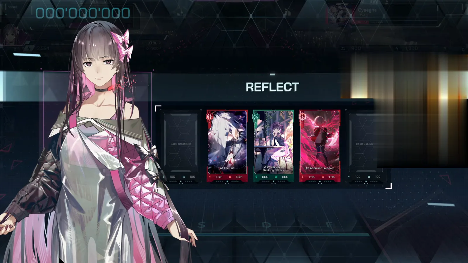 REFLECT 编成,三张连结 In Falsus stages Cyaegha FBD 12 with three encounter cards linked on the REFLECT screen, dive score at 000'000'000