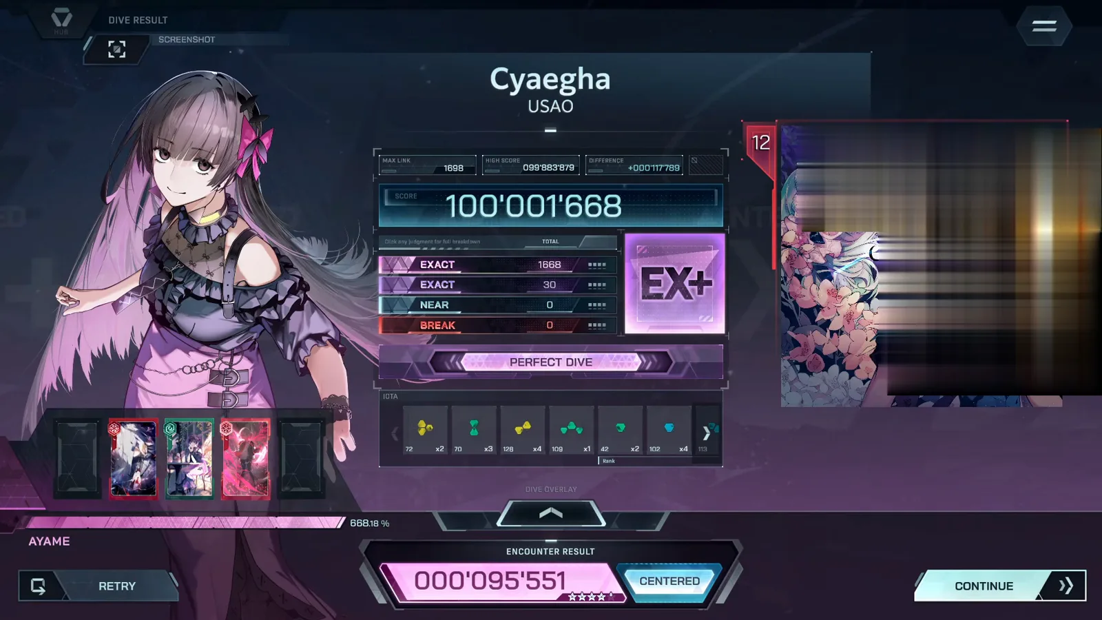 结算卡:EX+ PERFECT DIVE In Falsus result card for Cyaegha: 100'001'668, rank EX+, EXACT 1668 + 30, NEAR 0, BREAK 0, PERFECT DIVE