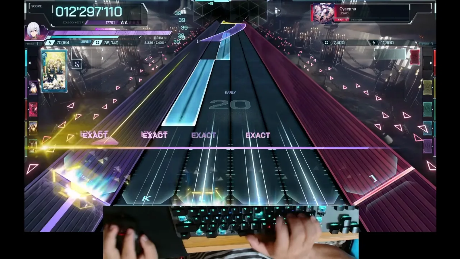 One hand pins a square purple hold while a laser curves across the field in this Cyaegha FBD 12 frame from In Falsus