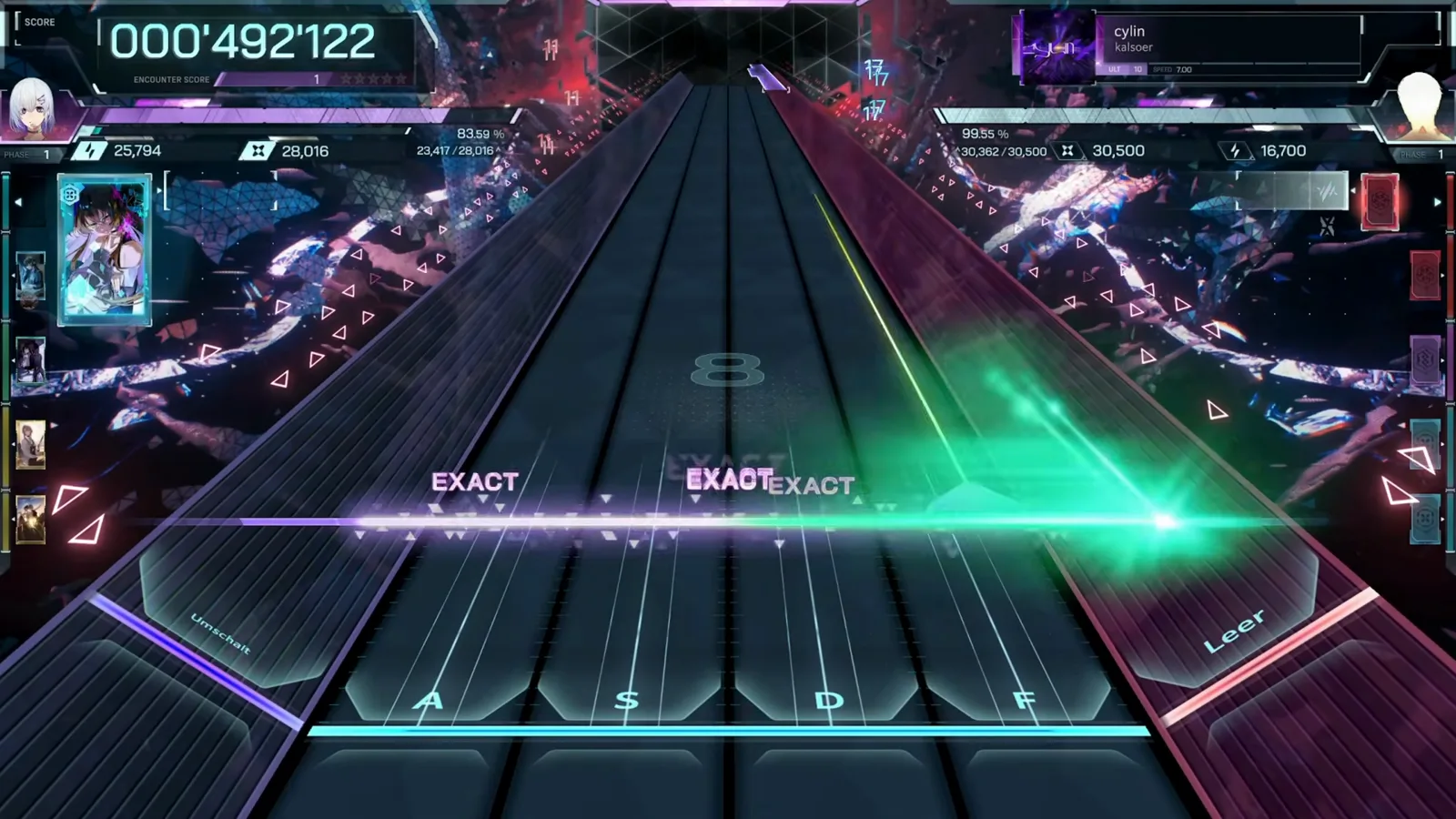 In Falsus cylin ULT 10の序盤。最初の音符がA S D Fレーンを流れ落ち、右サイドレーンで緑のヒットエフェクトが弾ける