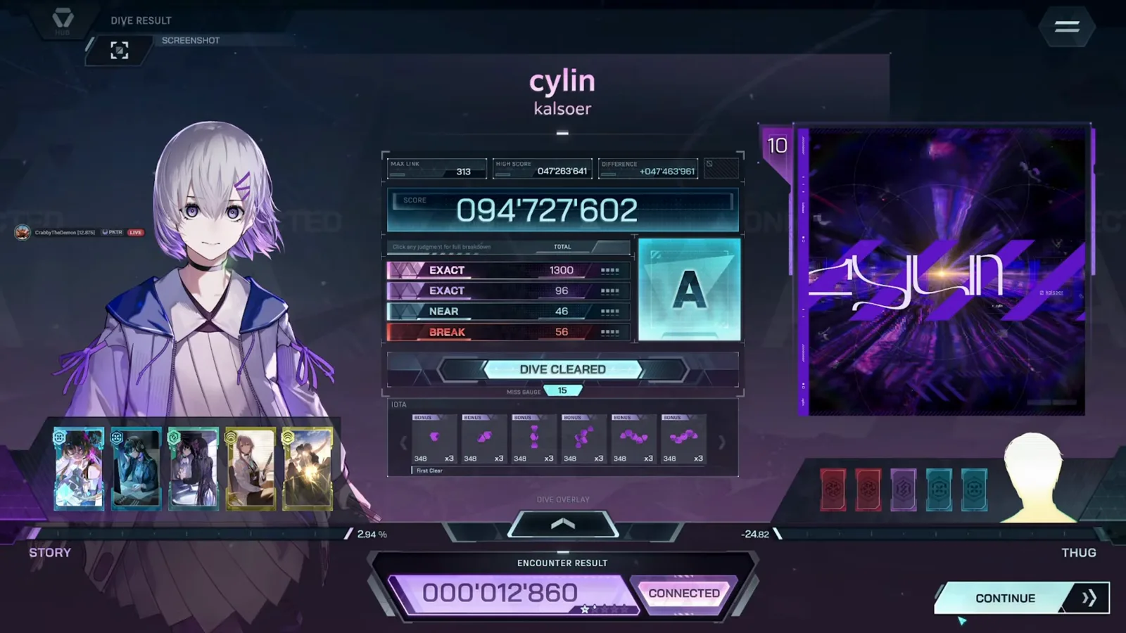 In Falsus cylin ULT 10のリザルト画面。Aランク、スコア094'727'602、MAX LINK 313、IOTA行にFIRST CLEARタグが見える