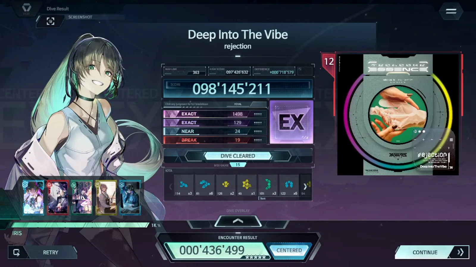 In Falsus FBD 12 DIVE RESULT card at rank EX with EXACT 1498 + 129, NEAR 24, BREAK 19 totalling 1,670 notes