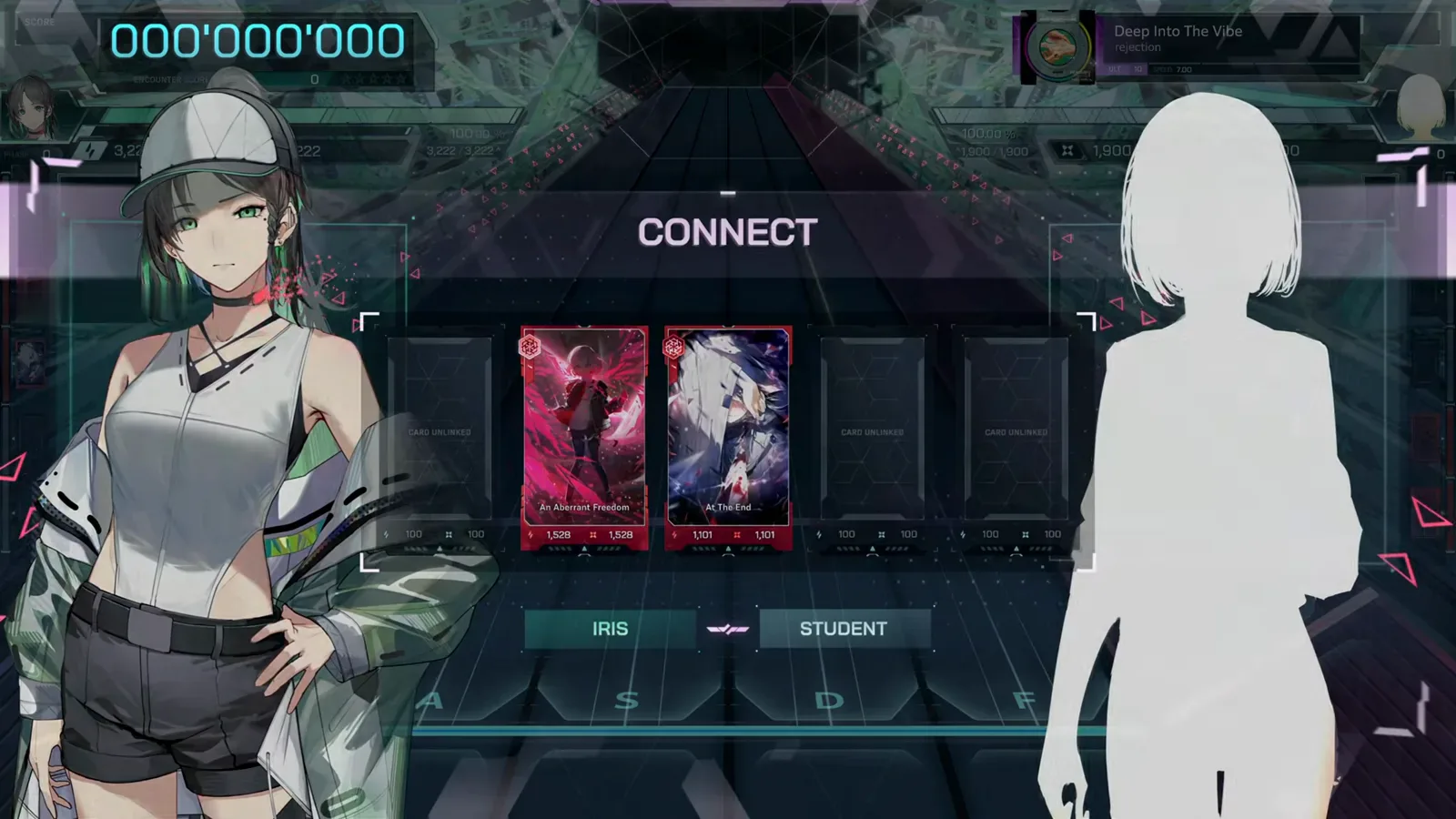 In Falsus ULT 10 CONNECT screen pitting IRIS against STUDENT with An Aberrant Freedom and At The End deck cards linked