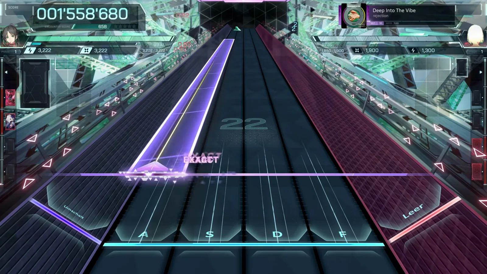 In Falsus ULT 10 opening beam judged EXACT with the combo counter at 22 and score 001'558'680 on the HUD