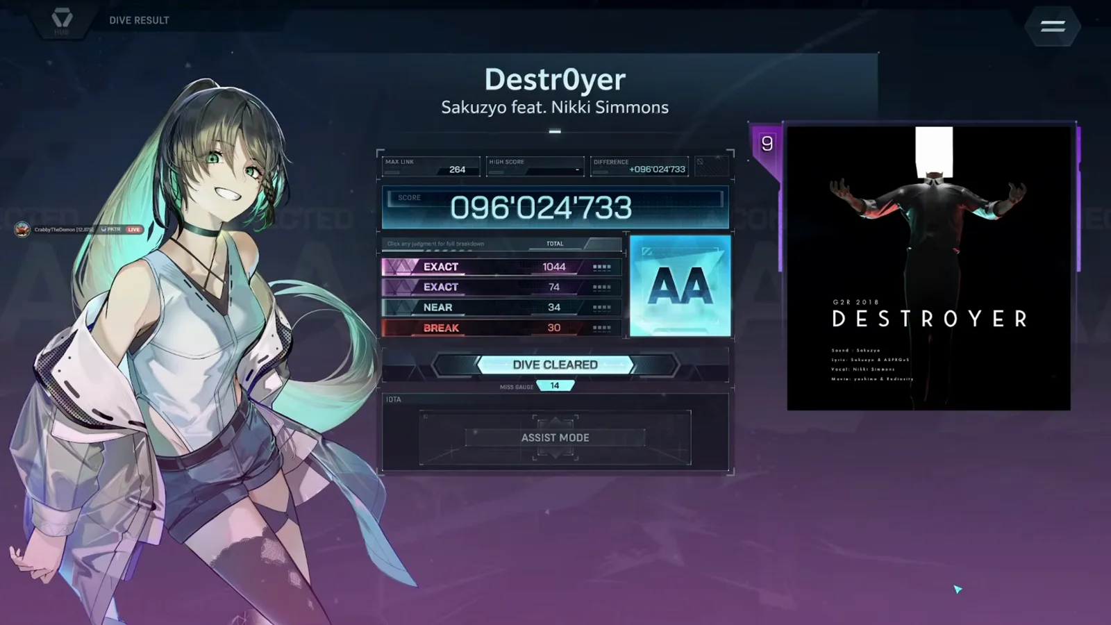 인 폴서스 Destr0yer ULT 9의 DIVE RESULT 화면. AA 등급, 점수 096'024'733, 판정 행 1044 EXACT, 74 EXACT, 34 NEAR, 30 BREAK