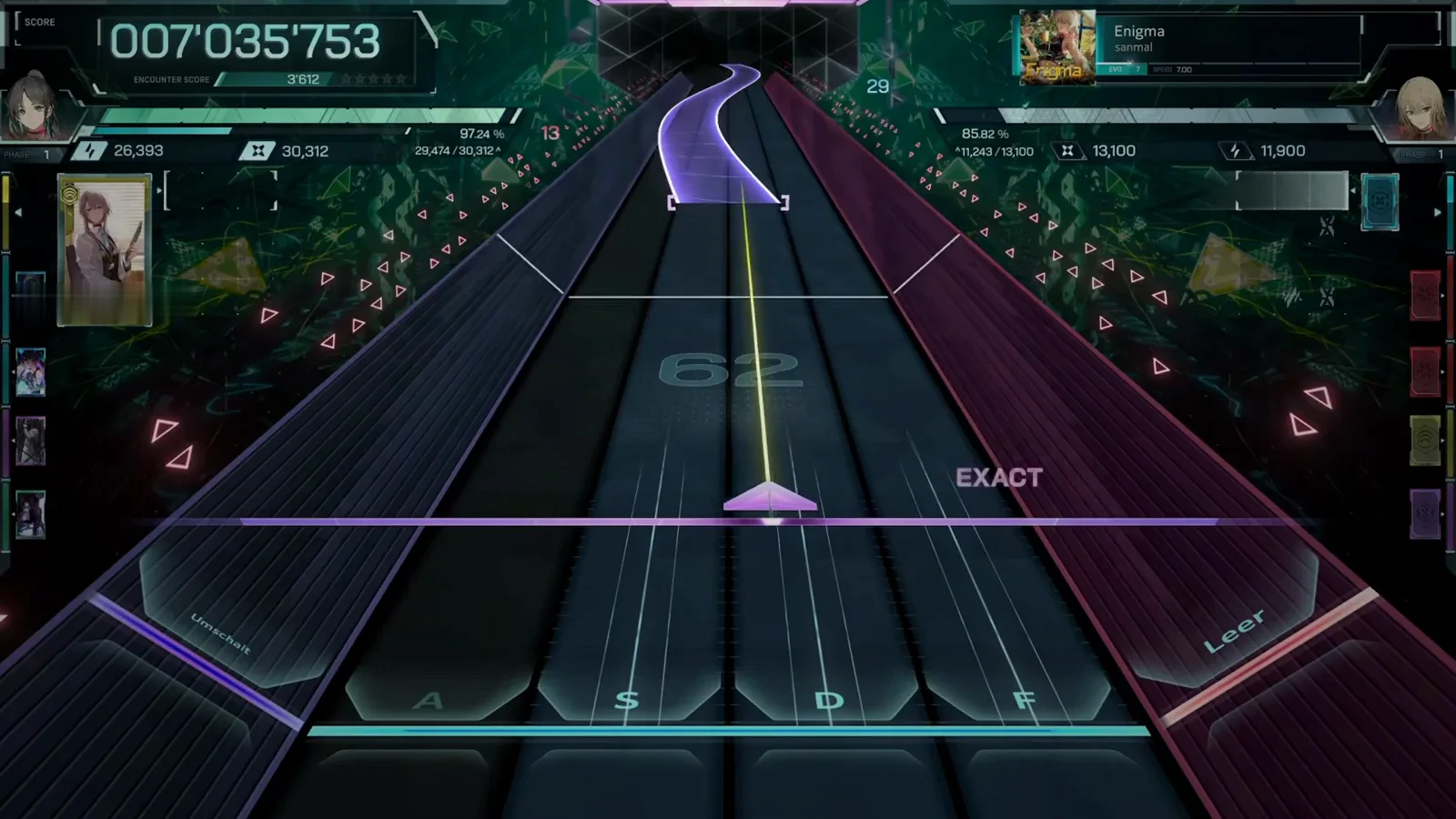 Combo counter at 62 mid-climb on Enigma EVO 7 in In Falsus with ENCOUNTER SCORE 3'612 and one star pip