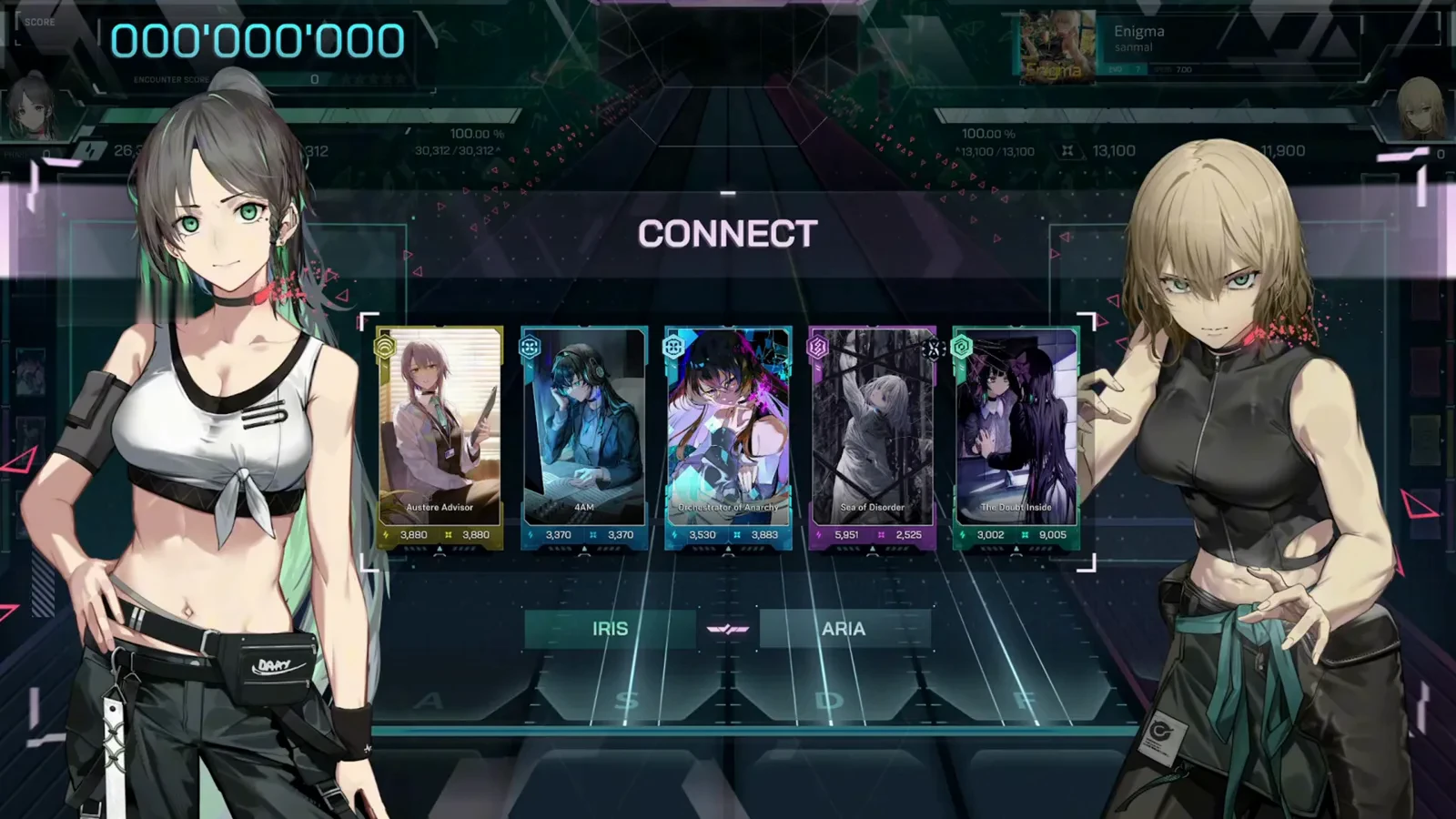CONNECT lobby in In Falsus staging IRIS against ARIA over a five-card deck for Enigma EVO 7