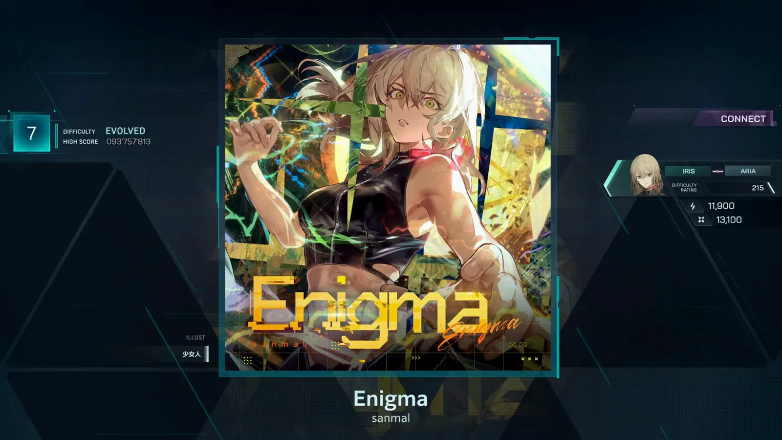 In Falsus song detail screen for Enigma by sanmal at EVOLVED 7 with HIGH SCORE 093'757'813 already banked